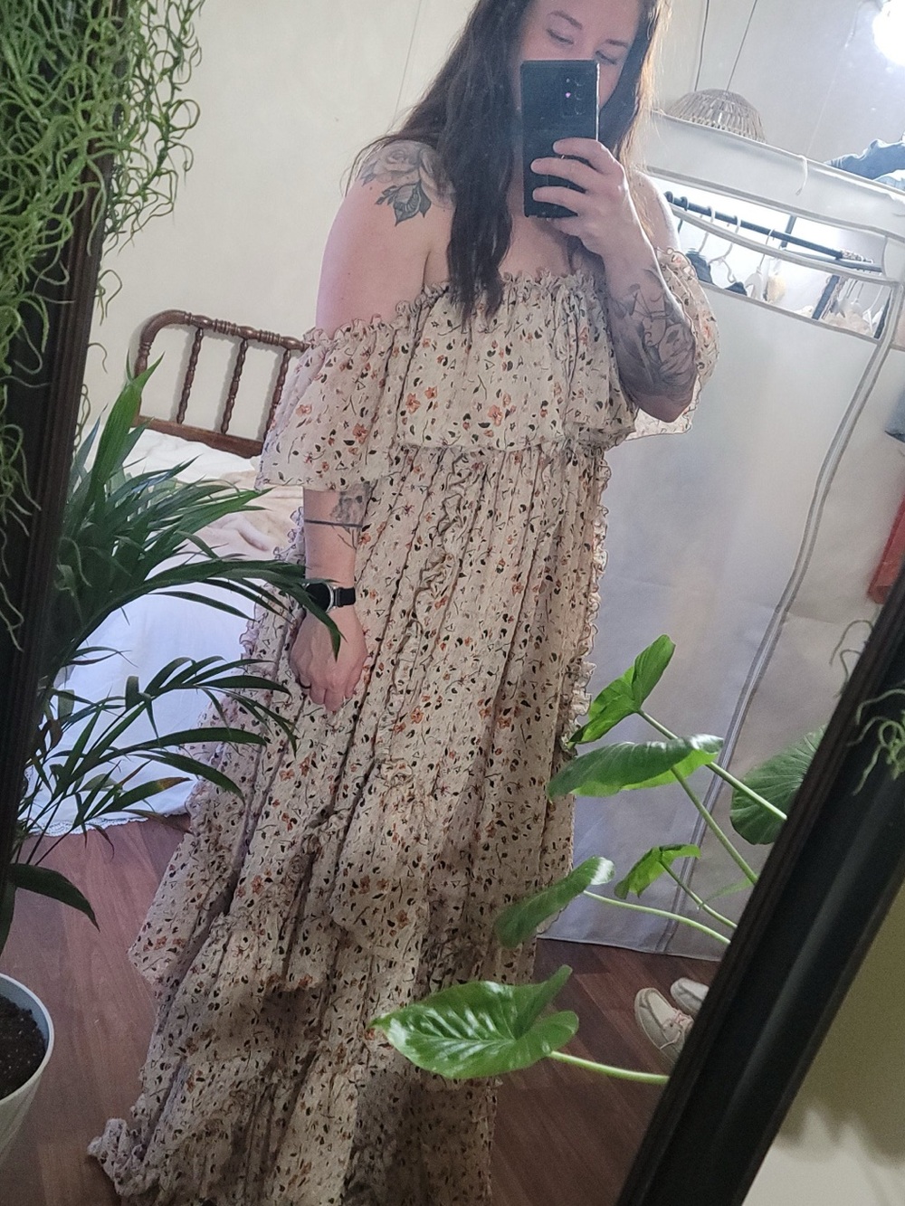 Cream Floral Off-Shoulder Tiered Maxi Dress